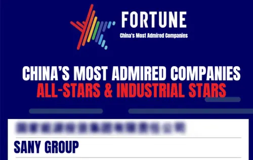 Le groupe SANY se voit décerner par Fortune le titre d'entreprise la plus admirée de Chine pour 2023.