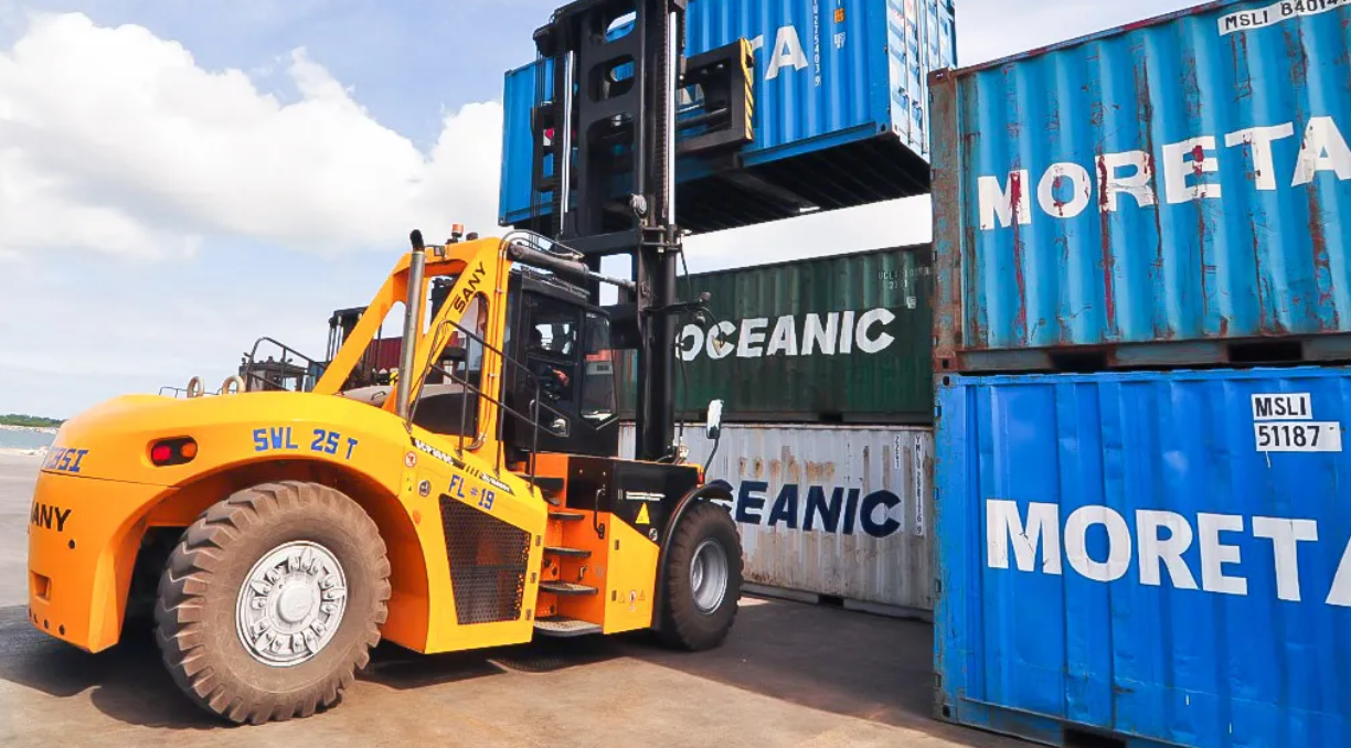 A forklift truck works at the port