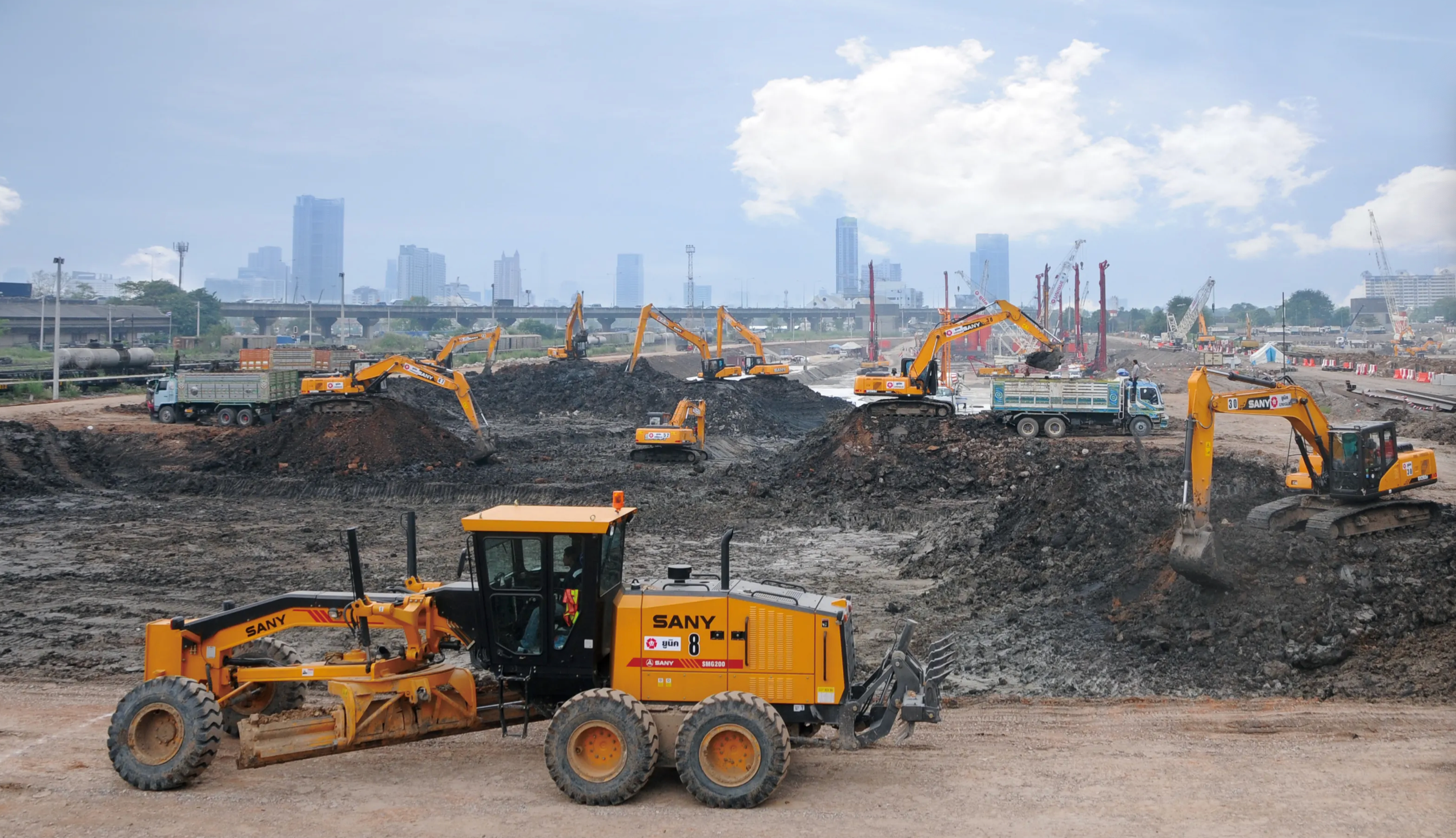Motor grader at the construction site